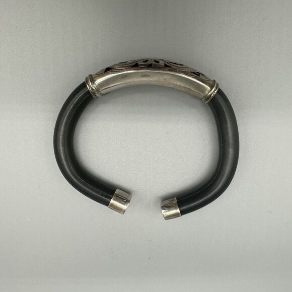 Sterling Silver 925 Artisan Open Cuff Flexible Filigree Bracelet Black Unisex - Picture 2 of 7